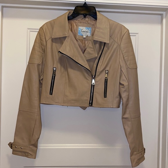 Tan Cropped Leather Jacket - Picture 1 of 2